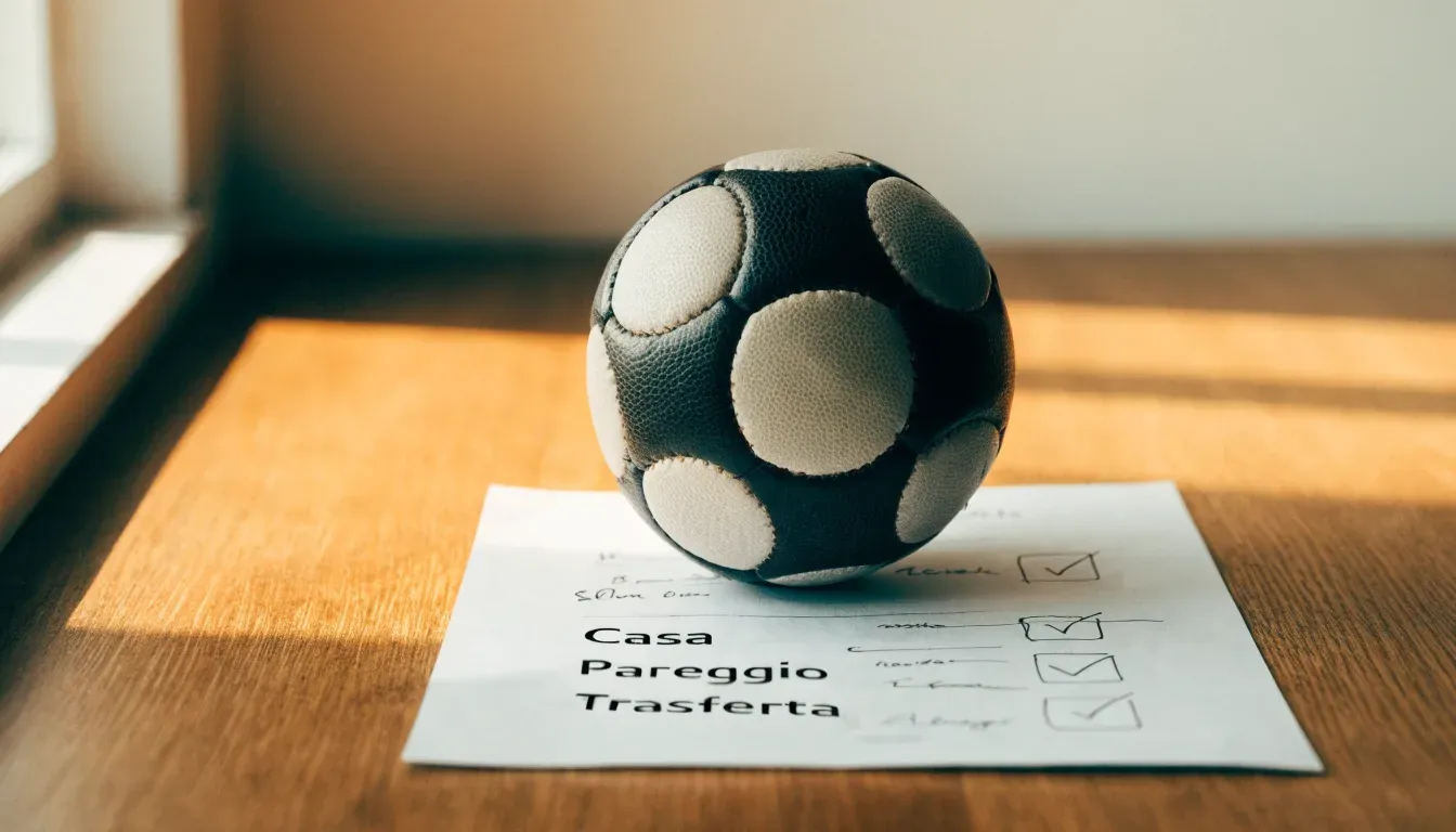 Un pallone da calcio appoggiato su una schedina bianca su un tavolo di legno, alla luce del giorno