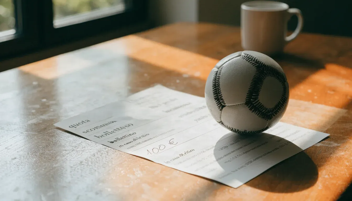 Un pallone da calcio appoggiato su una schedina bianca su un tavolo di legno, alla luce del giorno