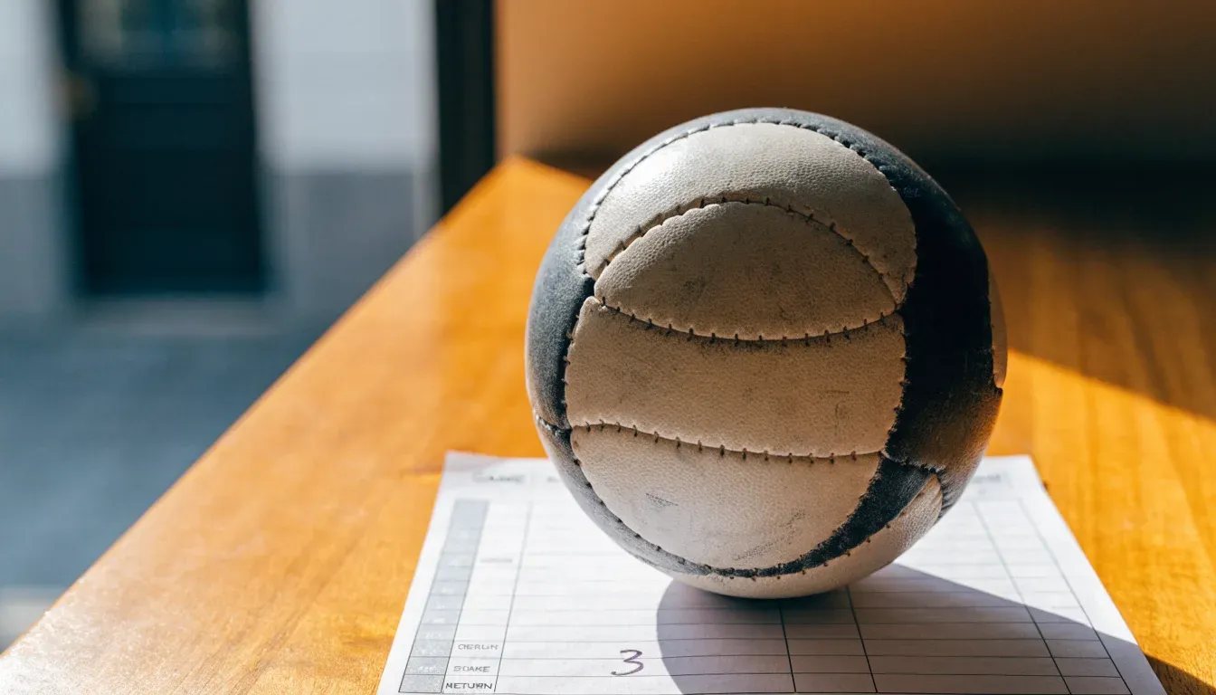 Un pallone da calcio appoggiato su una schedina bianca su un tavolo di legno, alla luce del giorno