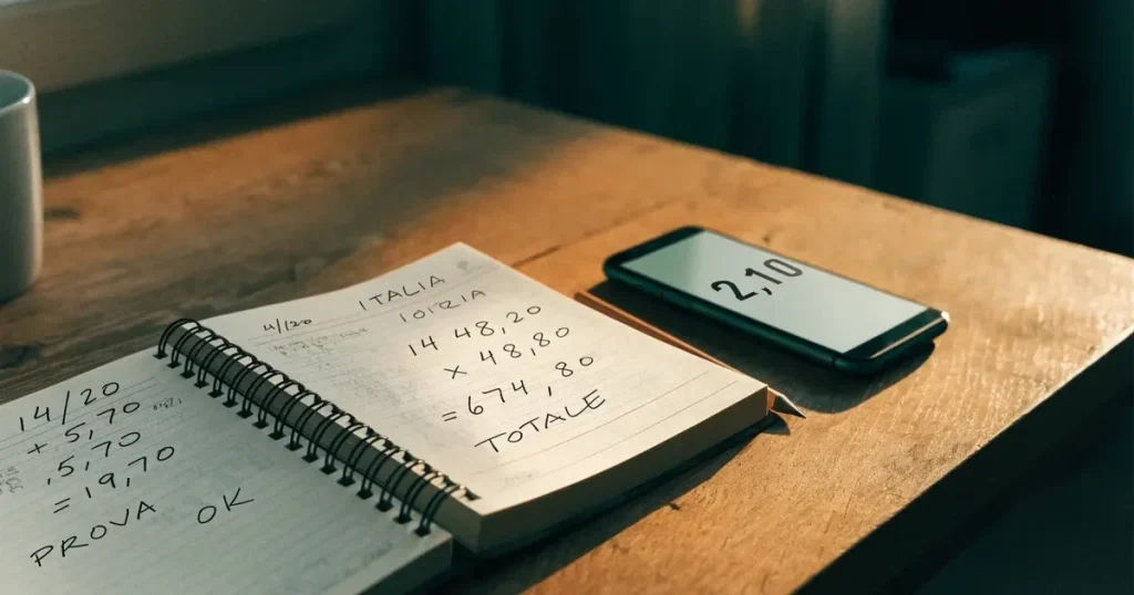 Un quaderno aperto con quote scritte a mano, una calcolatrice e una matita su un tavolo di legno