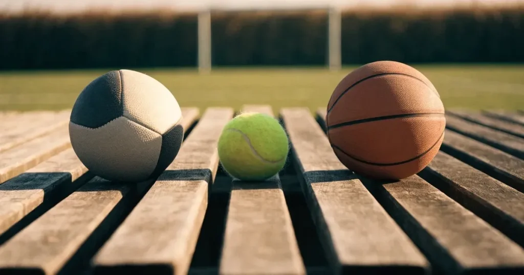 Tre palloni di sport diversi allineati uno accanto all'altro su una panca di legno