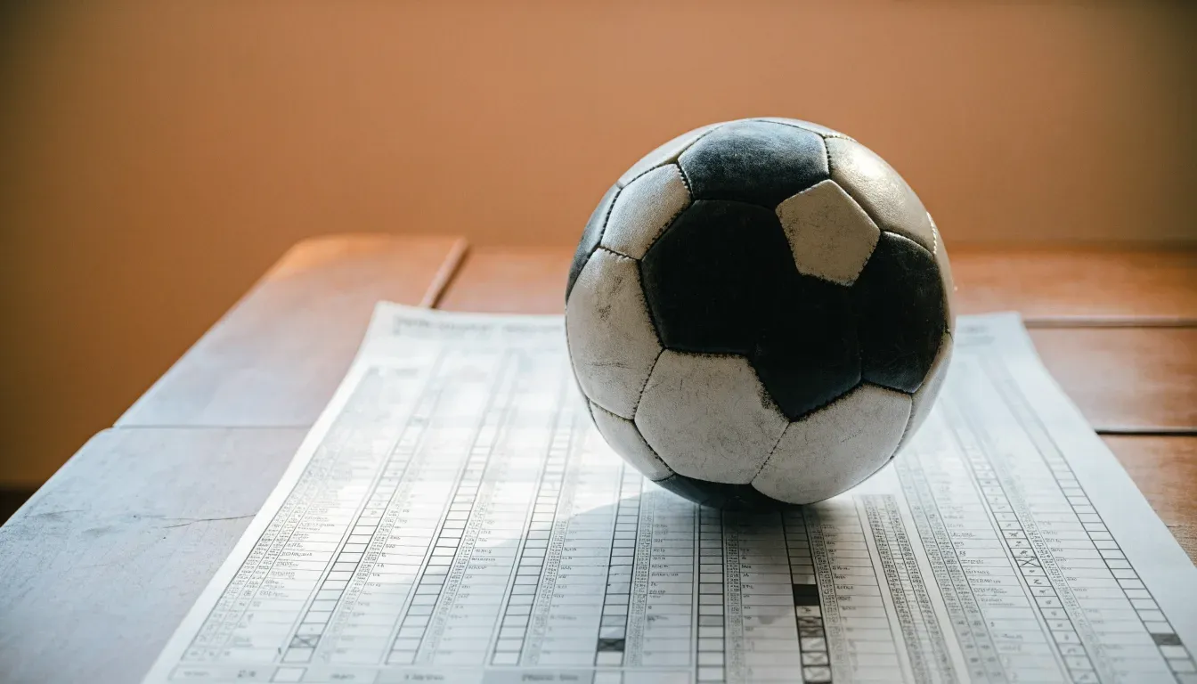 Un pallone da calcio appoggiato su una schedina bianca su un tavolo di legno, alla luce del giorno