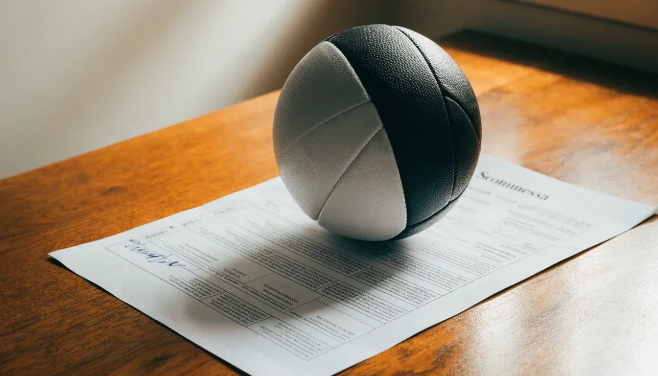 Un pallone da calcio appoggiato su una schedina bianca su un tavolo di legno, alla luce del giorno