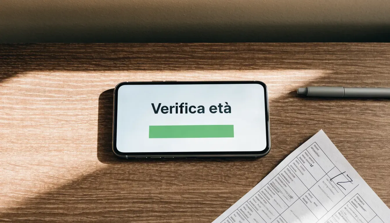 Un foglio di concessione in carta con un timbro rosso, appoggiato su una scrivania di legno accanto a una penna