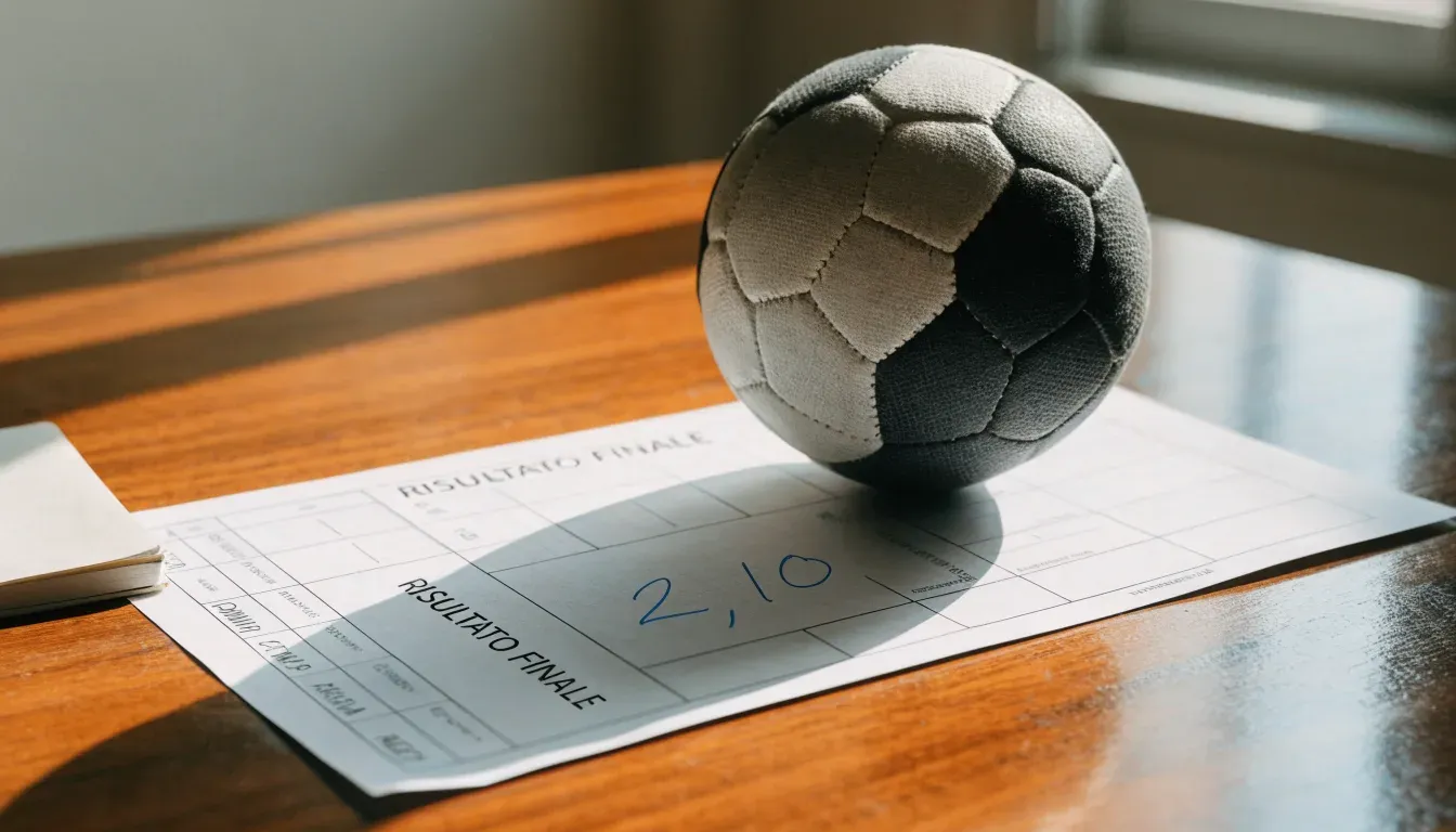 Un pallone da calcio appoggiato su una schedina bianca su un tavolo di legno, alla luce del giorno