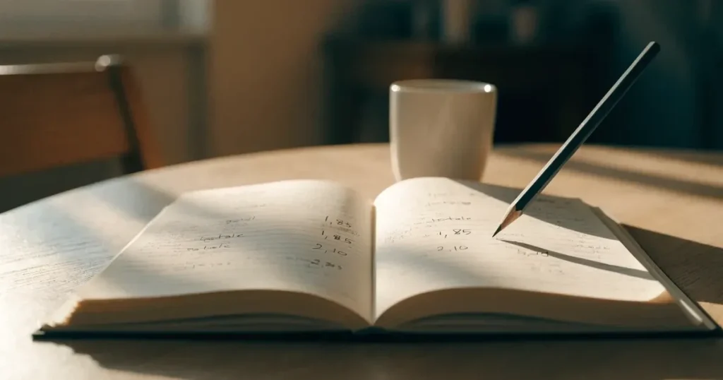 Un quaderno aperto con quote scritte a mano, una calcolatrice e una matita su un tavolo di legno