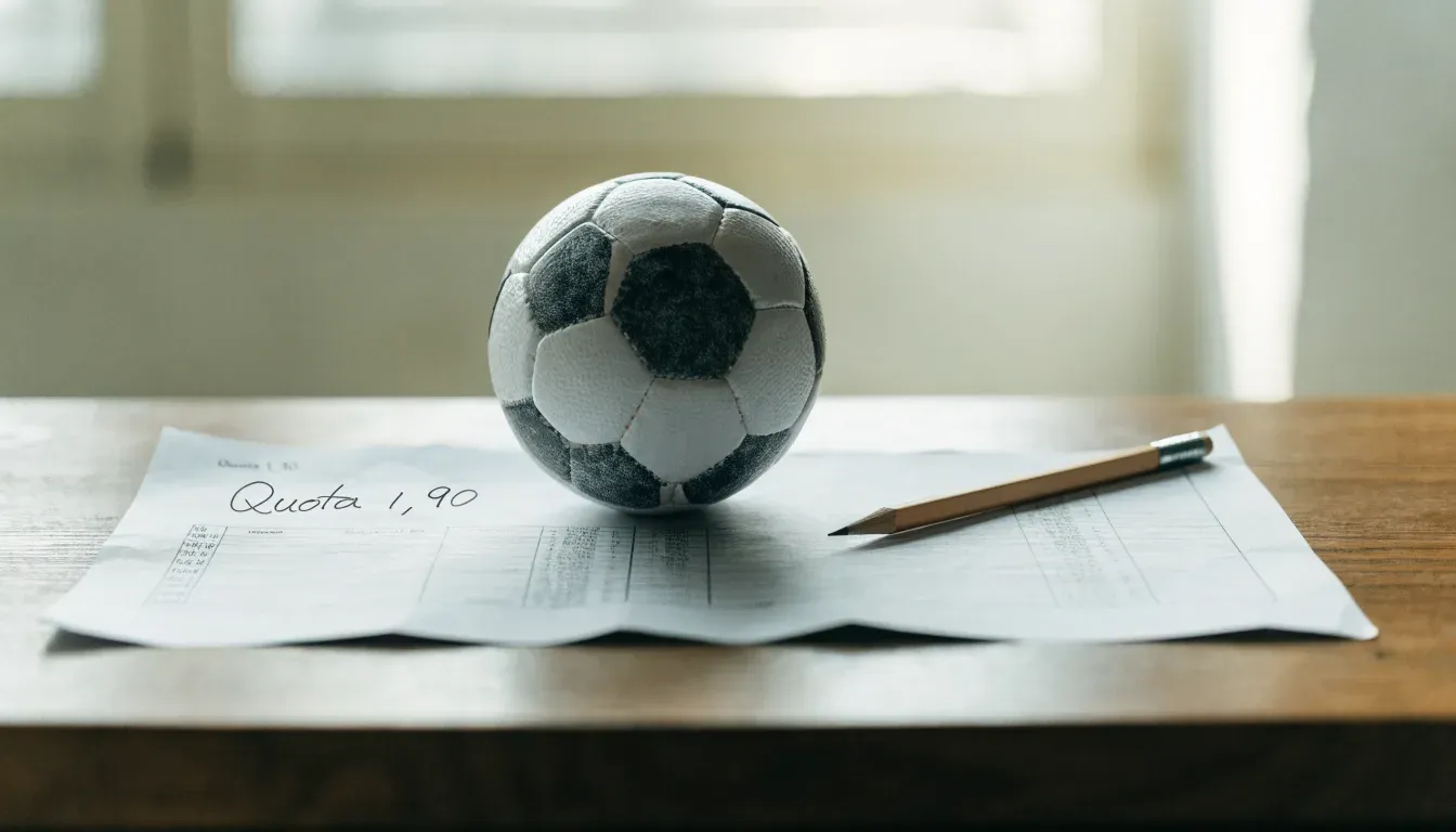 Un pallone da calcio appoggiato su una schedina bianca su un tavolo di legno, alla luce del giorno