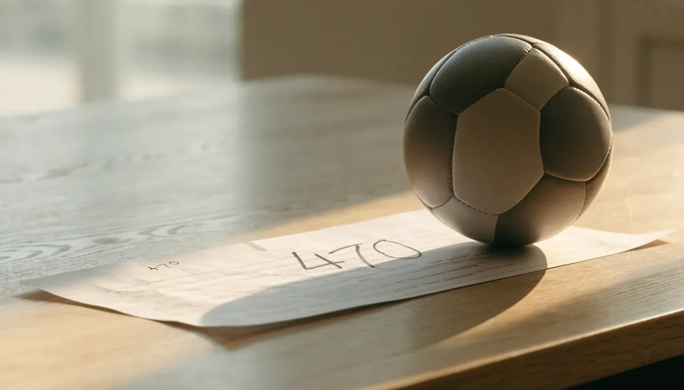 Un pallone da calcio appoggiato su una schedina bianca su un tavolo di legno, alla luce del giorno