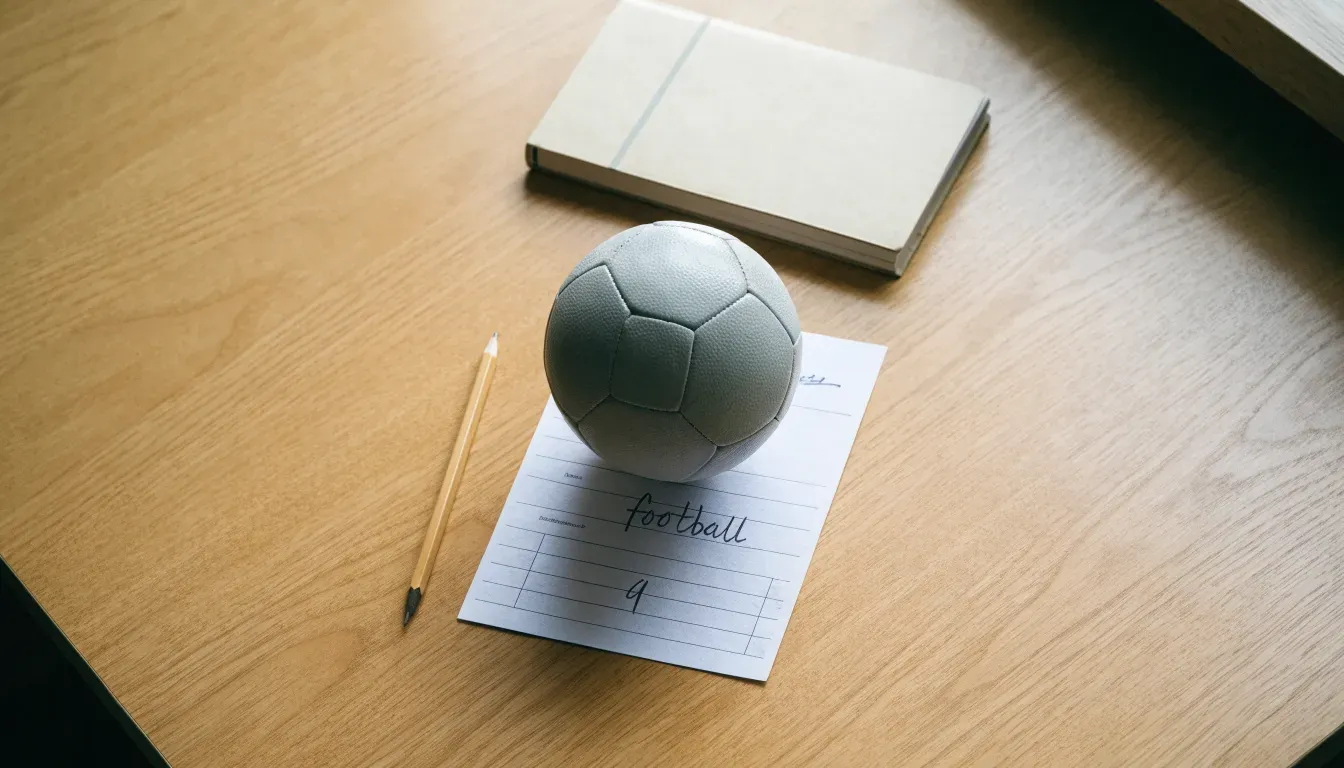 Un pallone da calcio appoggiato su una schedina bianca su un tavolo di legno, alla luce del giorno
