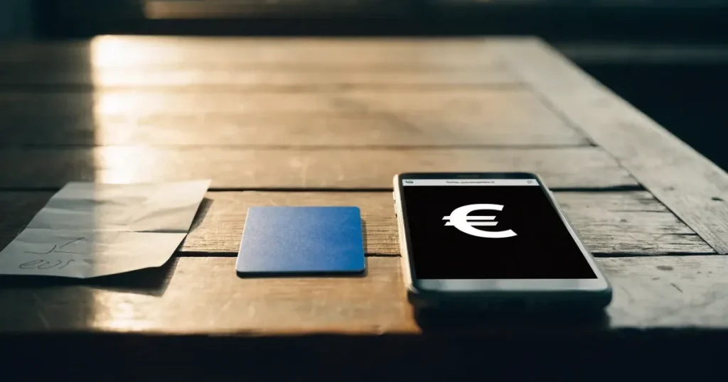 Uno smartphone e una carta di pagamento affiancati su un tavolo di legno, con alcune banconote da euro accanto
