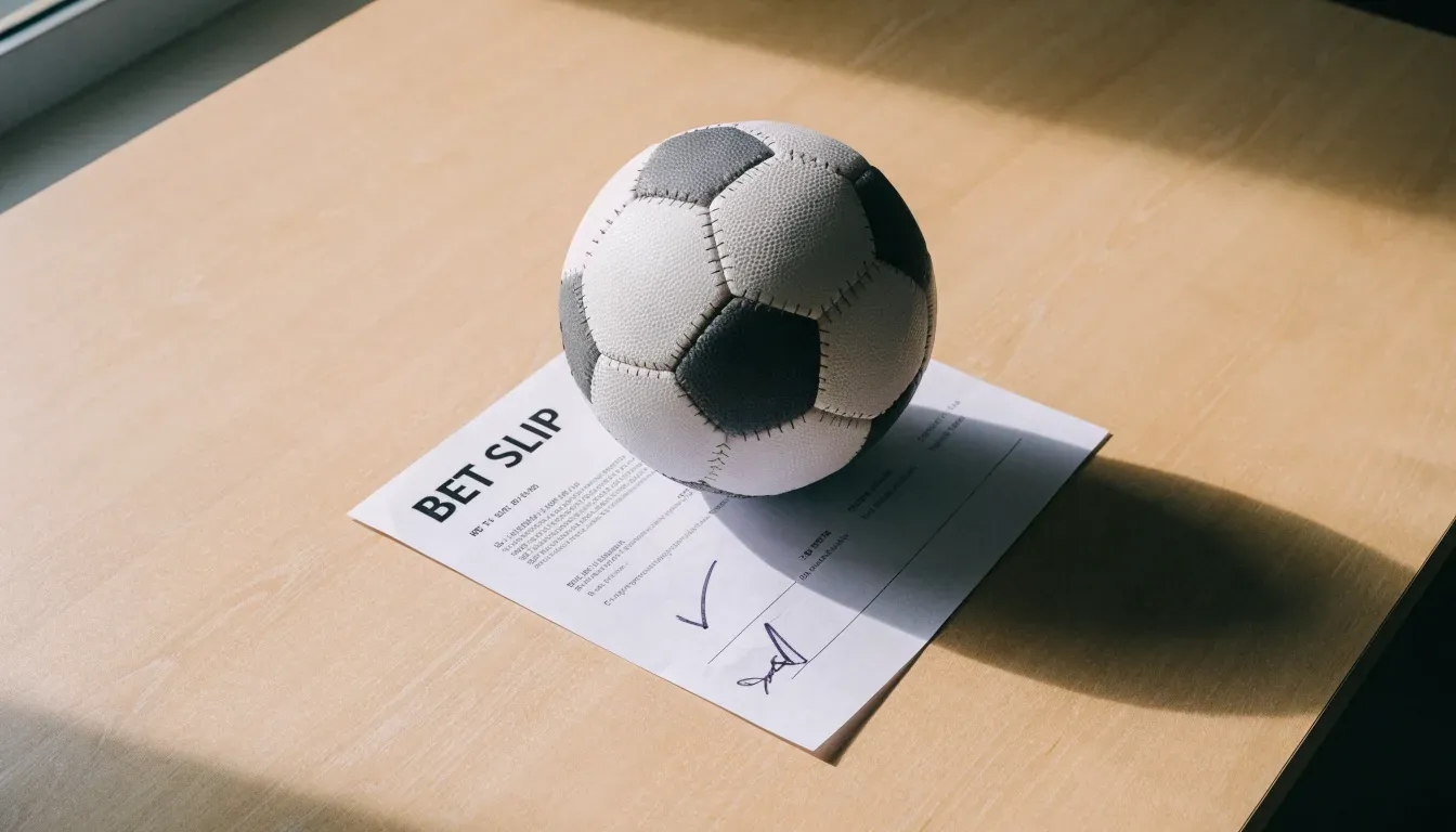 Un pallone da calcio appoggiato su una schedina bianca su un tavolo di legno, alla luce del giorno