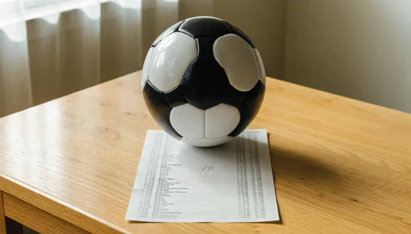 Un pallone da calcio appoggiato su una schedina bianca su un tavolo di legno, alla luce del giorno