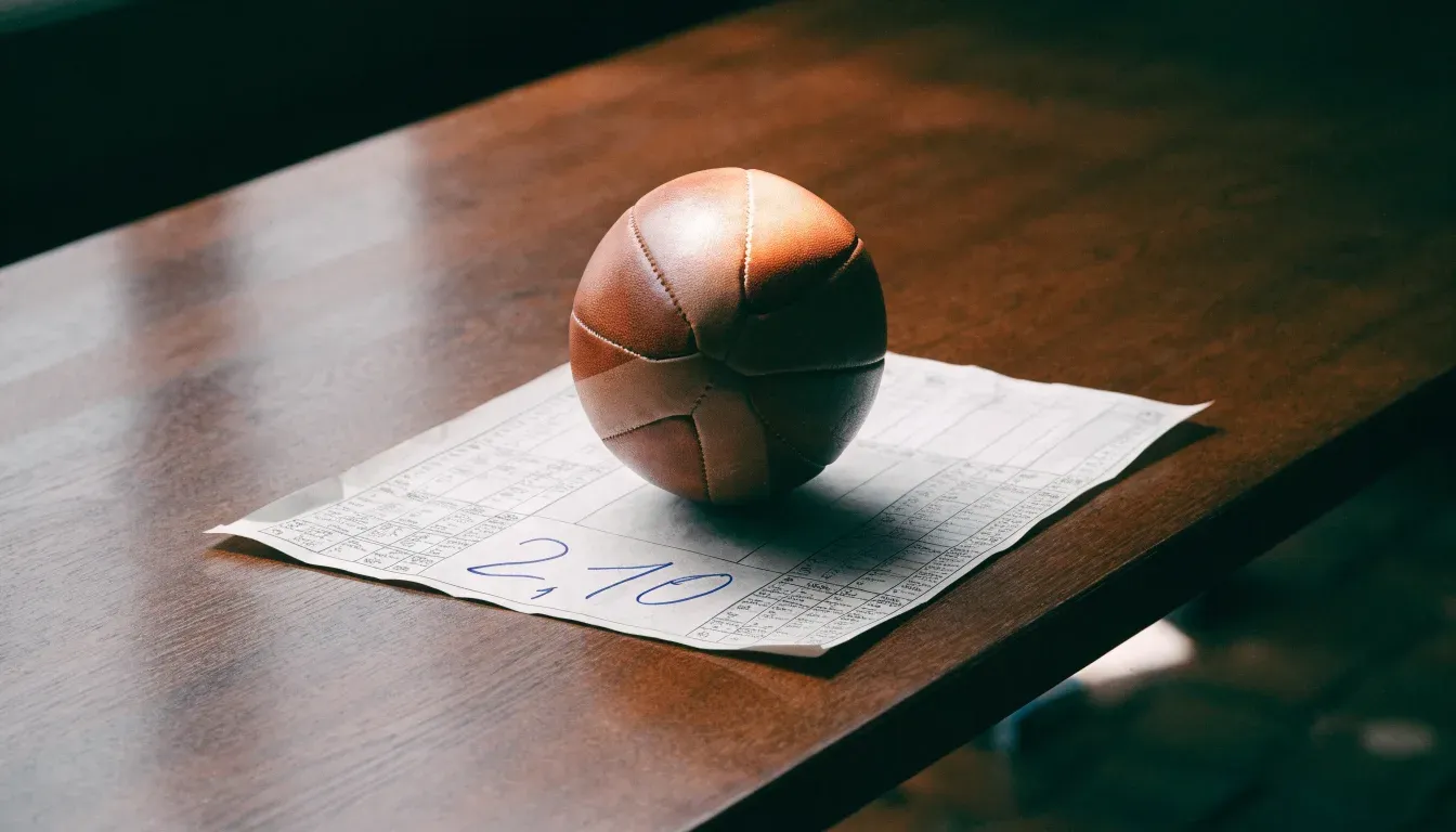Un pallone da calcio appoggiato su una schedina bianca su un tavolo di legno, alla luce del giorno