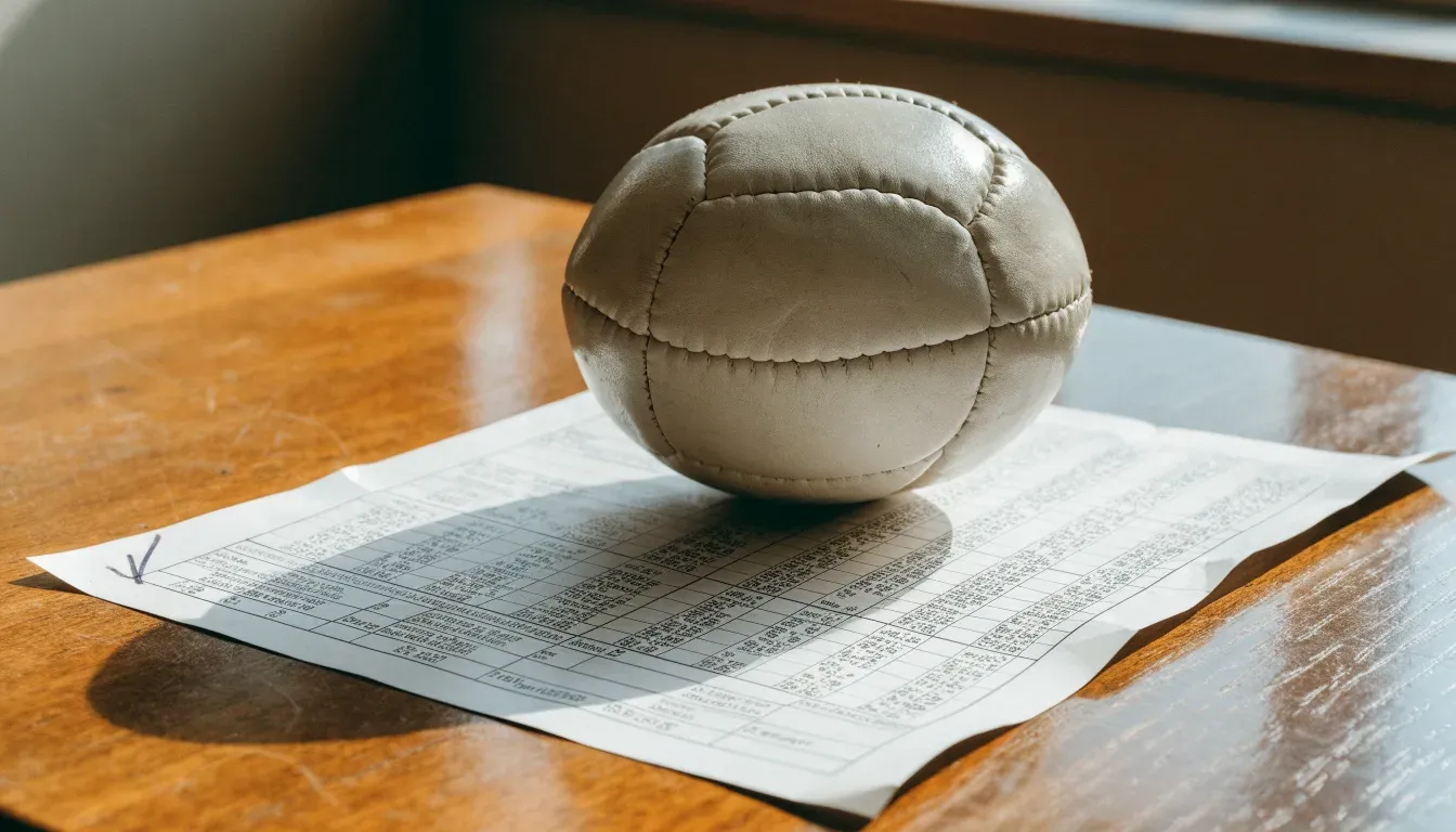 Un pallone da calcio appoggiato su una schedina bianca su un tavolo di legno, alla luce del giorno