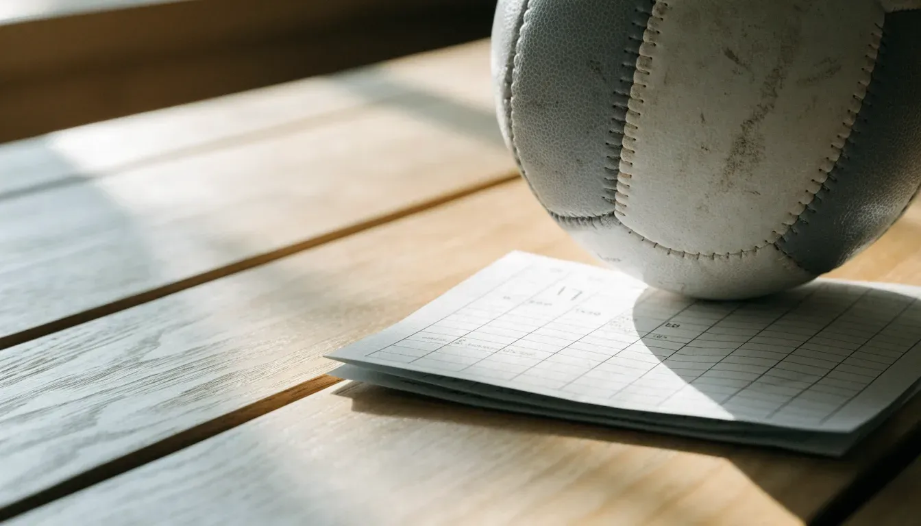 Un pallone da calcio appoggiato su una schedina bianca su un tavolo di legno, alla luce del giorno