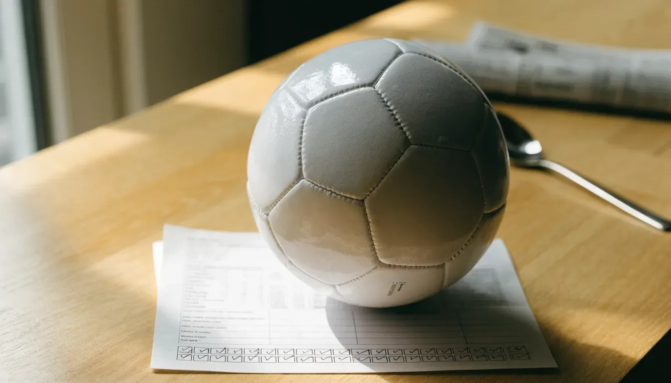 Un pallone da calcio appoggiato su una schedina bianca su un tavolo di legno, alla luce del giorno