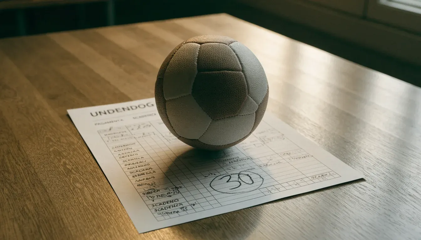 Un pallone da calcio appoggiato su una schedina bianca su un tavolo di legno, alla luce del giorno
