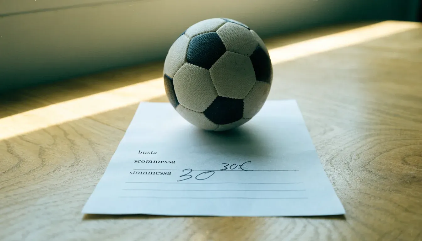 Un pallone da calcio appoggiato su una schedina bianca su un tavolo di legno, alla luce del giorno