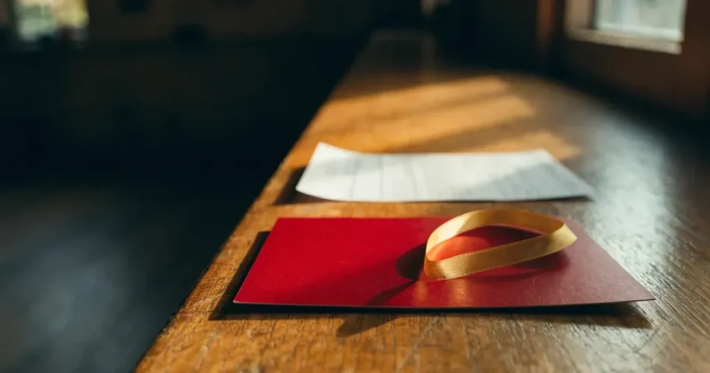 Un biglietto regalo con un nastro dorato accanto a una schedina su un bancone di legno