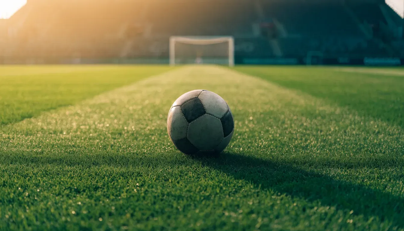 Un pallone da calcio sul dischetto del centrocampo di un prato, alla luce del mattino