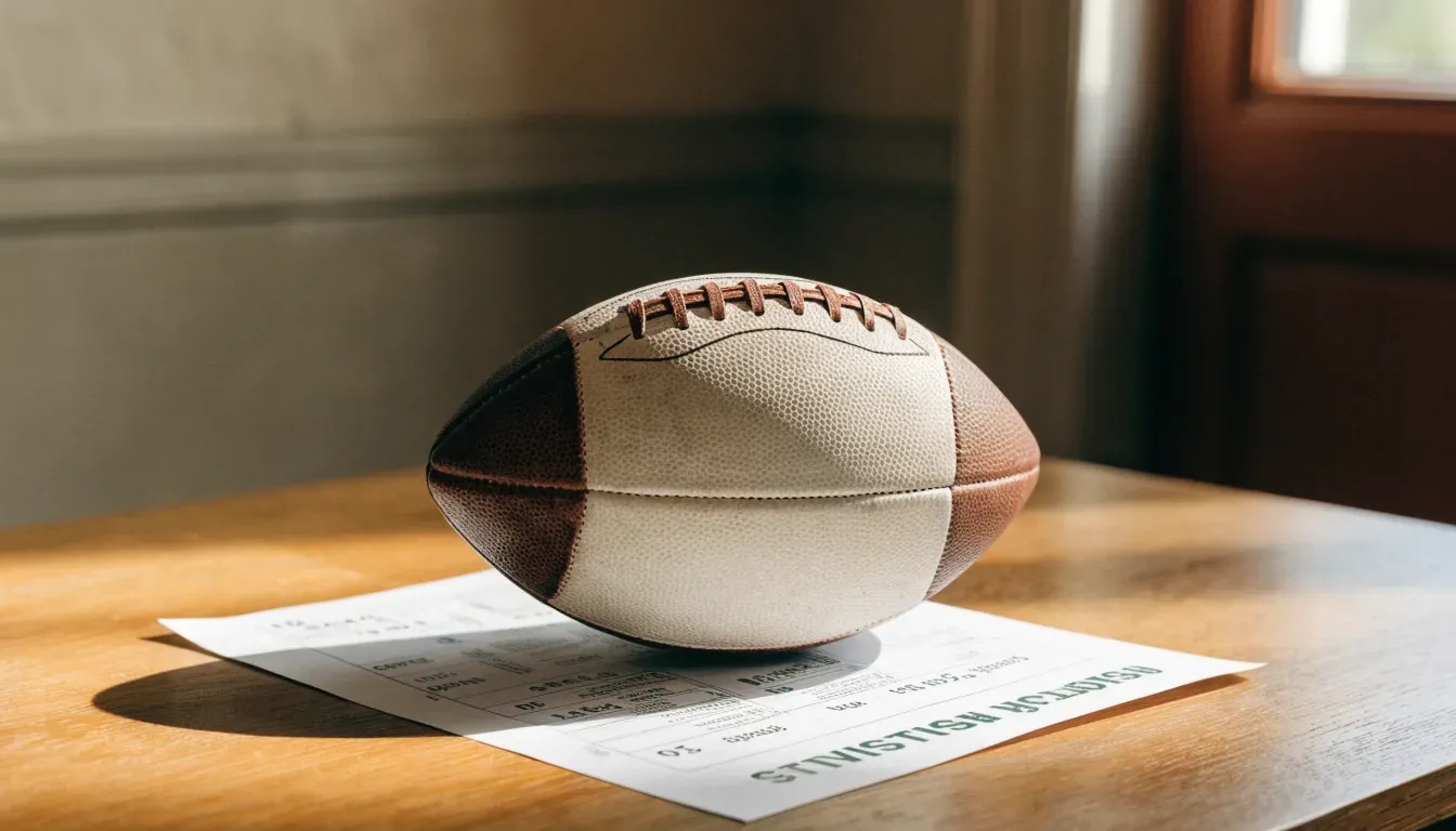 Un pallone da calcio appoggiato su una schedina bianca su un tavolo di legno, alla luce del giorno