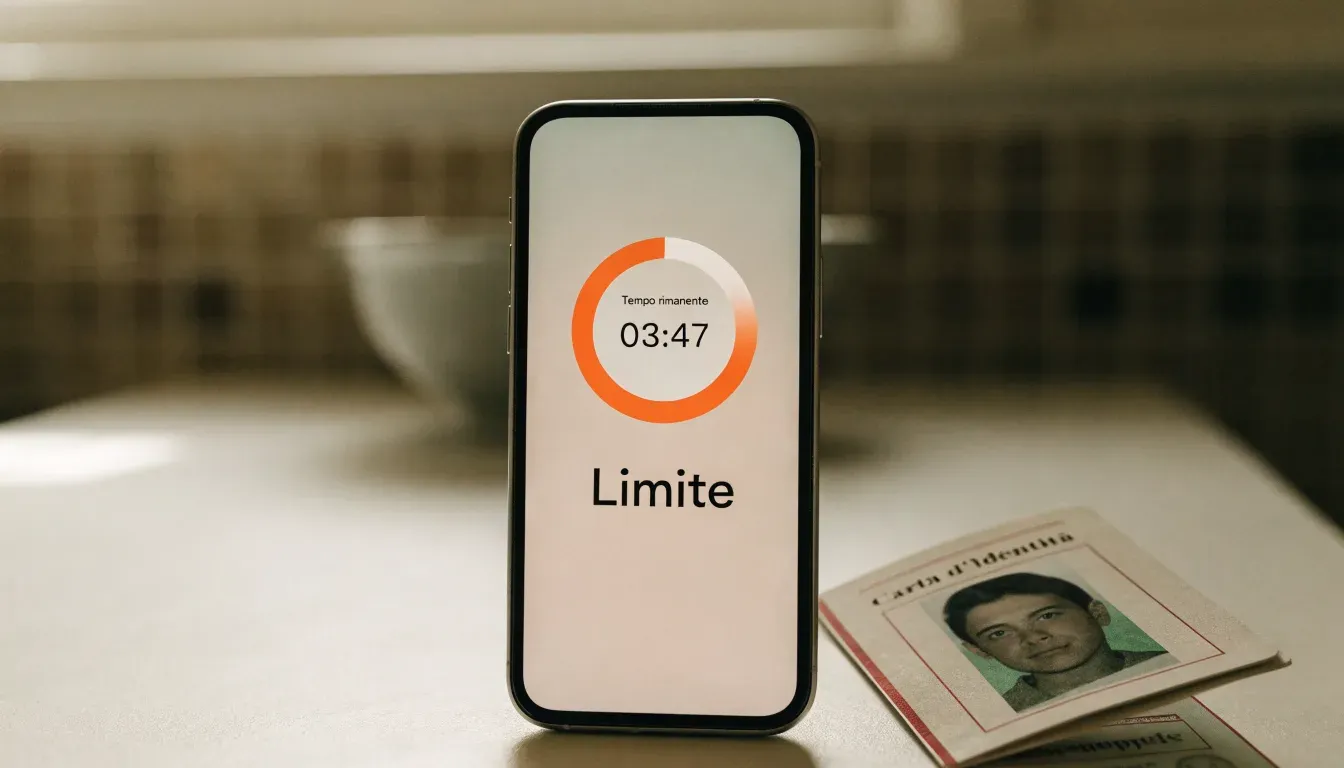 Un documento di identità appoggiato accanto a uno smartphone con un timer sullo schermo, su un tavolo da cucina