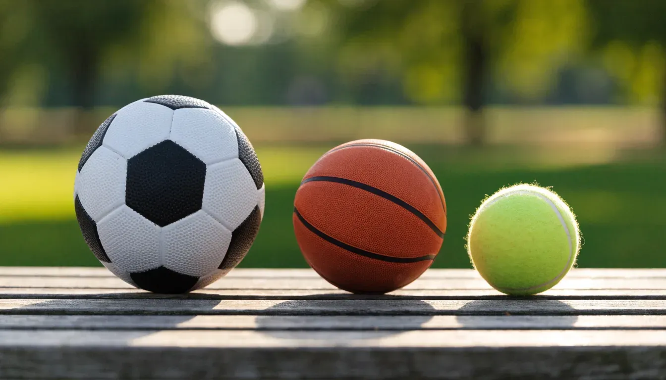 Tre palloni di sport diversi allineati uno accanto all'altro su una panca di legno