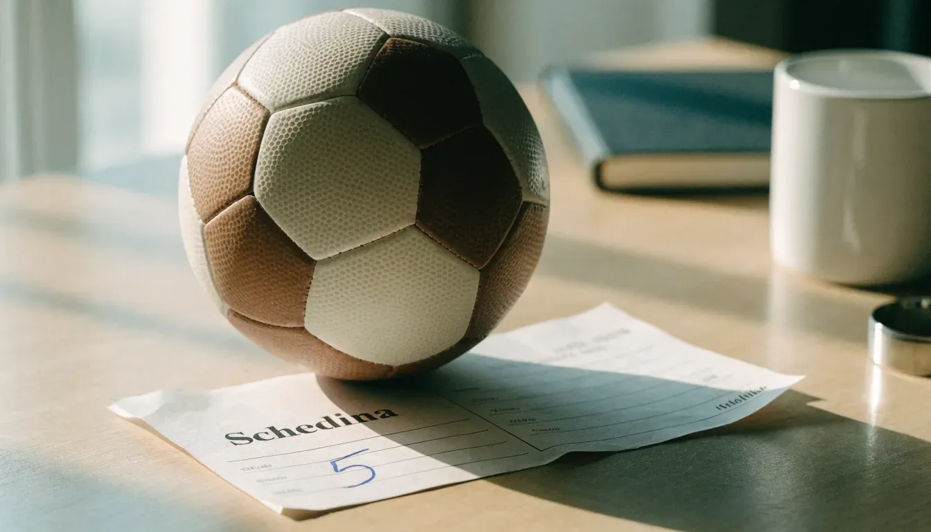 Un pallone da calcio appoggiato su una schedina bianca su un tavolo di legno, alla luce del giorno