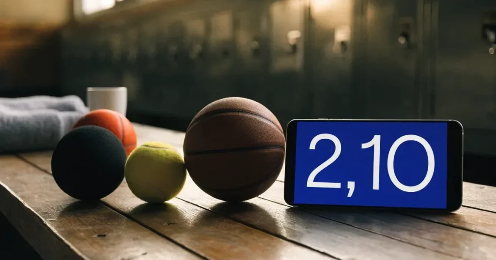 Tre palloni di sport diversi allineati uno accanto all'altro su una panca di legno