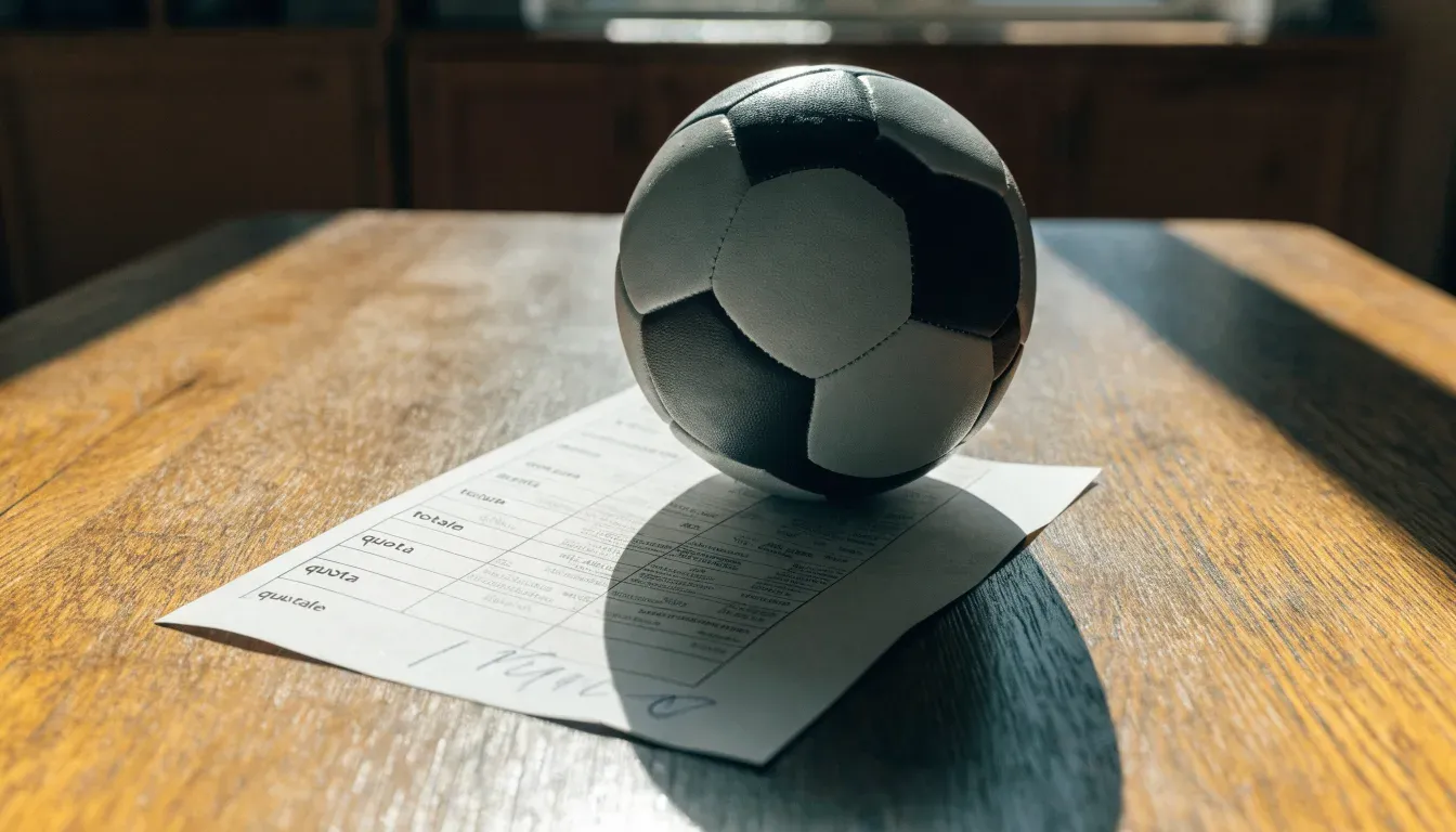 Un pallone da calcio appoggiato su una schedina bianca su un tavolo di legno, alla luce del giorno