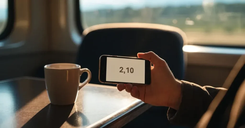 Una mano che tiene uno smartphone con una scommessa sullo schermo, su un treno nel tardo pomeriggio