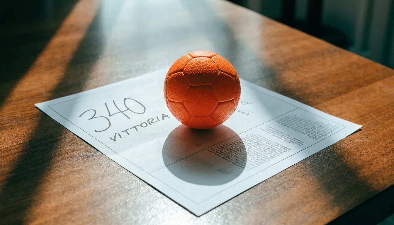 Un pallone da calcio appoggiato su una schedina bianca su un tavolo di legno, alla luce del giorno