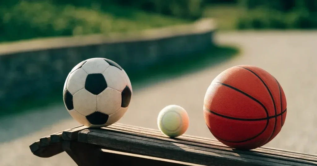 Tre palloni di sport diversi allineati uno accanto all'altro su una panca di legno