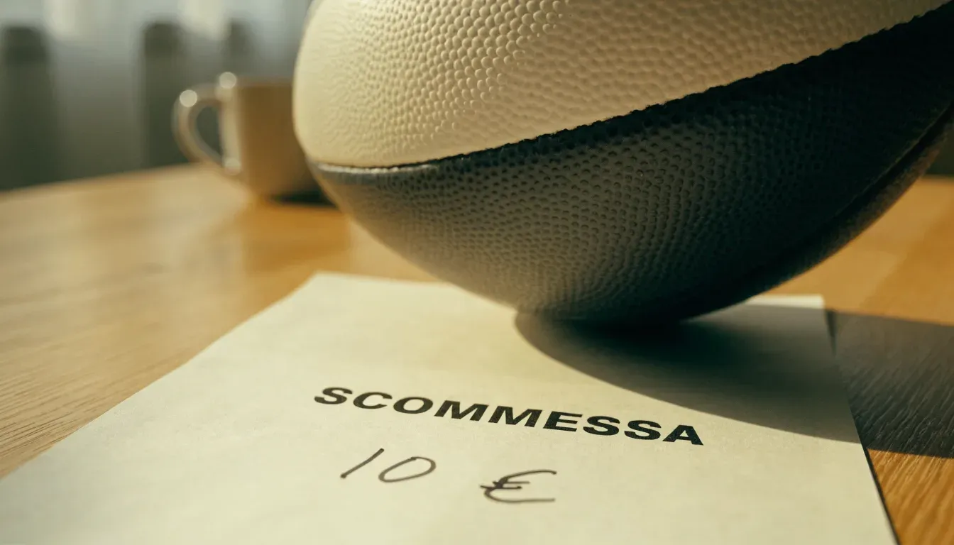 Un pallone da calcio appoggiato su una schedina bianca su un tavolo di legno, alla luce del giorno