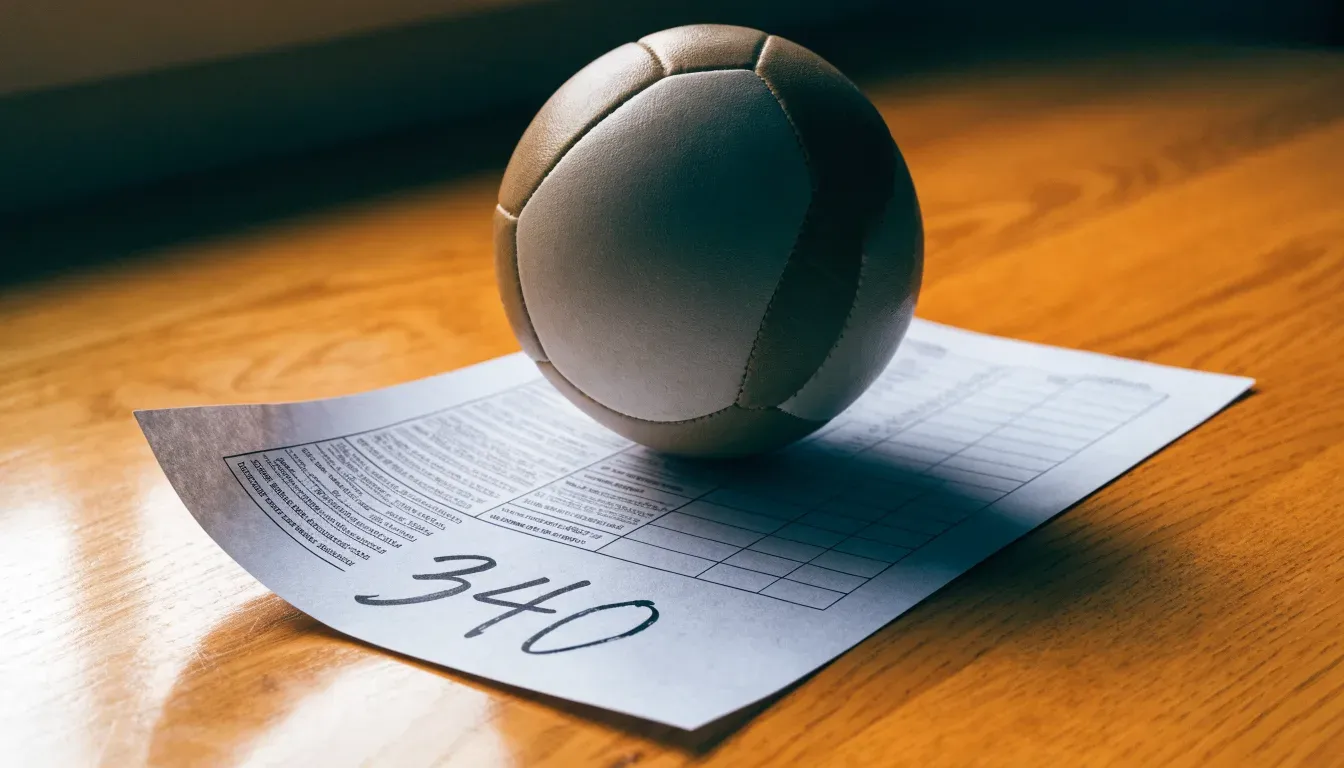Un pallone da calcio appoggiato su una schedina bianca su un tavolo di legno, alla luce del giorno