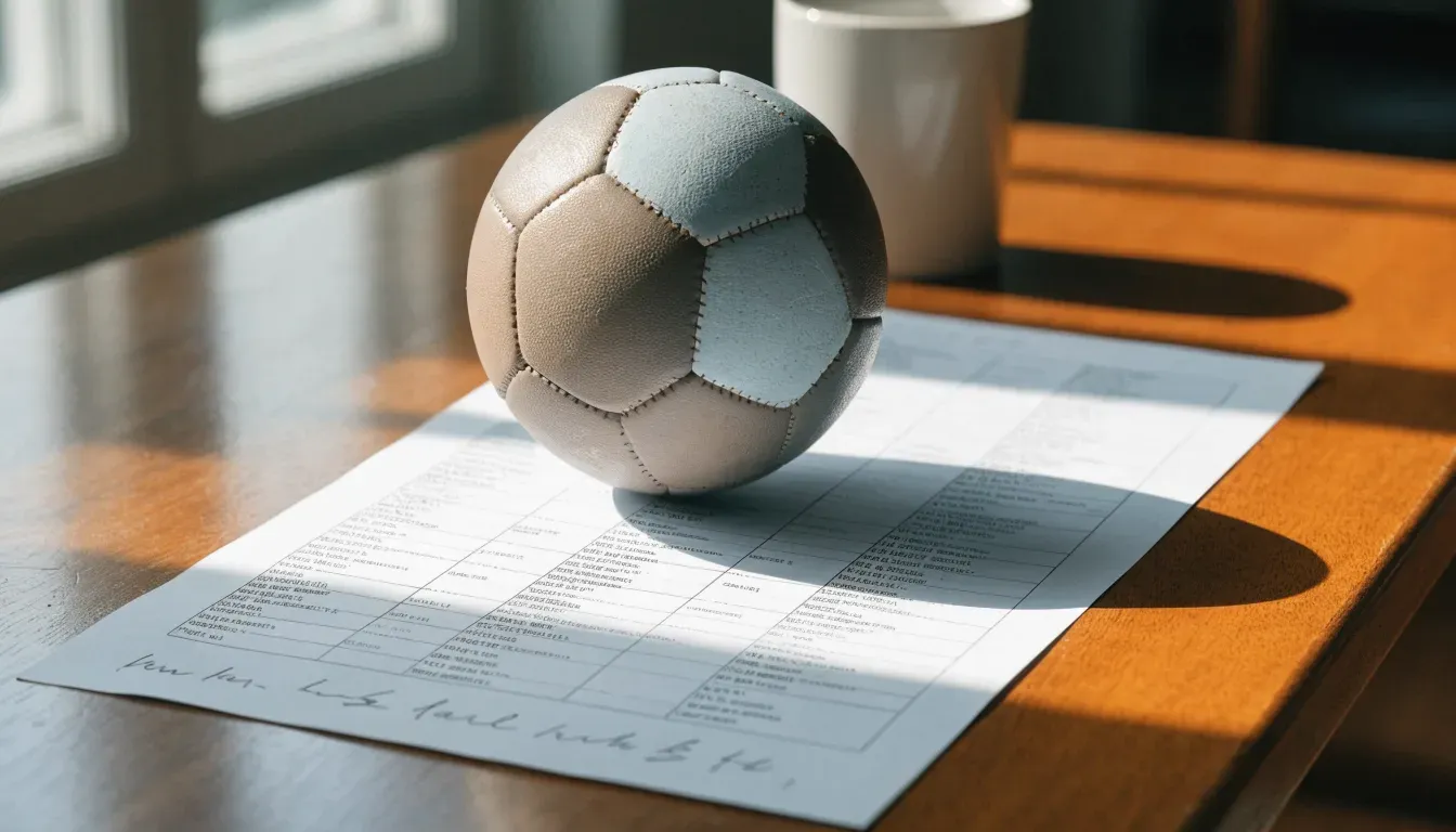 Un pallone da calcio appoggiato su una schedina bianca su un tavolo di legno, alla luce del giorno