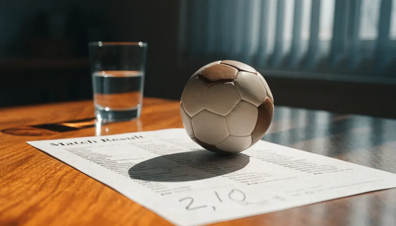 Un pallone da calcio appoggiato su una schedina bianca su un tavolo di legno, alla luce del giorno