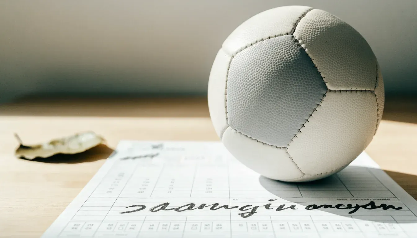 Un pallone da calcio appoggiato su una schedina bianca su un tavolo di legno, alla luce del giorno