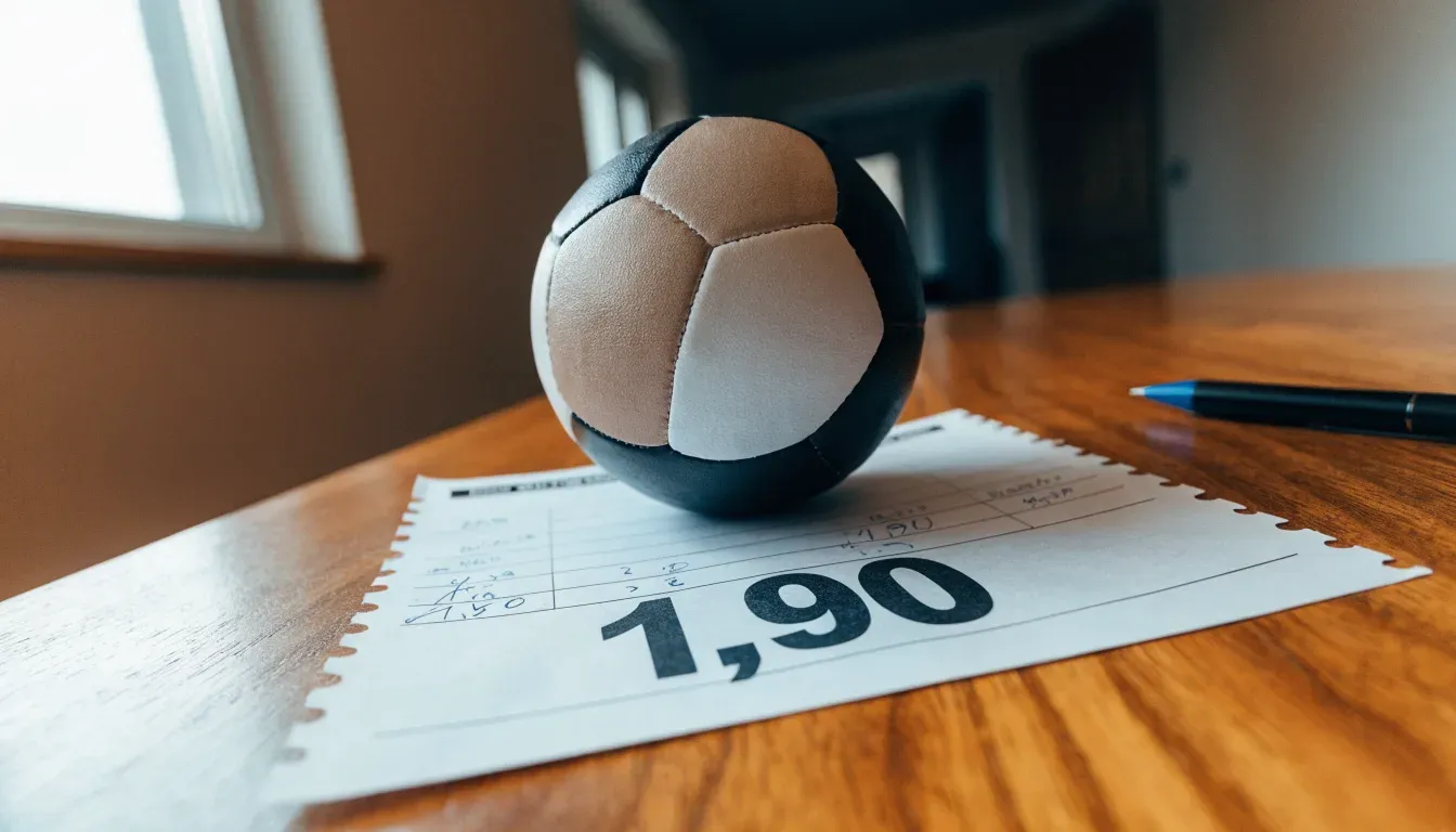 Un pallone da calcio appoggiato su una schedina bianca su un tavolo di legno, alla luce del giorno