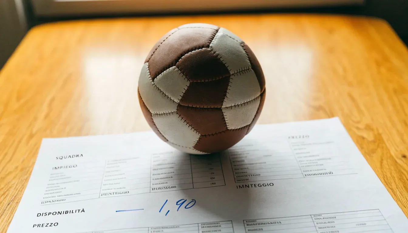 Un pallone da calcio appoggiato su una schedina bianca su un tavolo di legno, alla luce del giorno