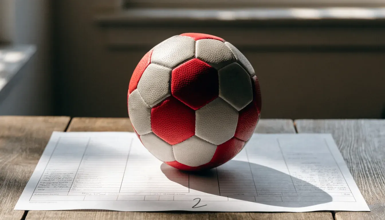 Un pallone da calcio appoggiato su una schedina bianca su un tavolo di legno, alla luce del giorno