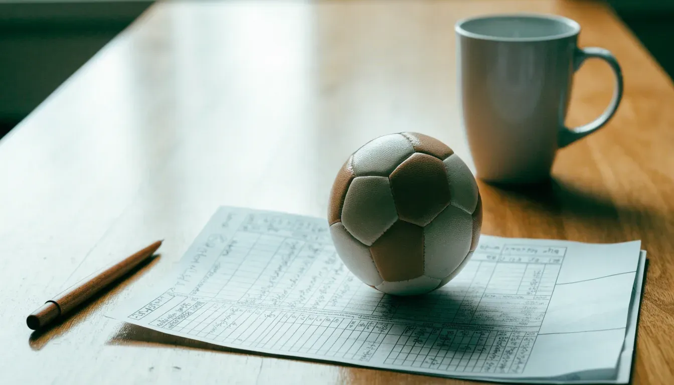 Un pallone da calcio appoggiato su una schedina bianca su un tavolo di legno, alla luce del giorno