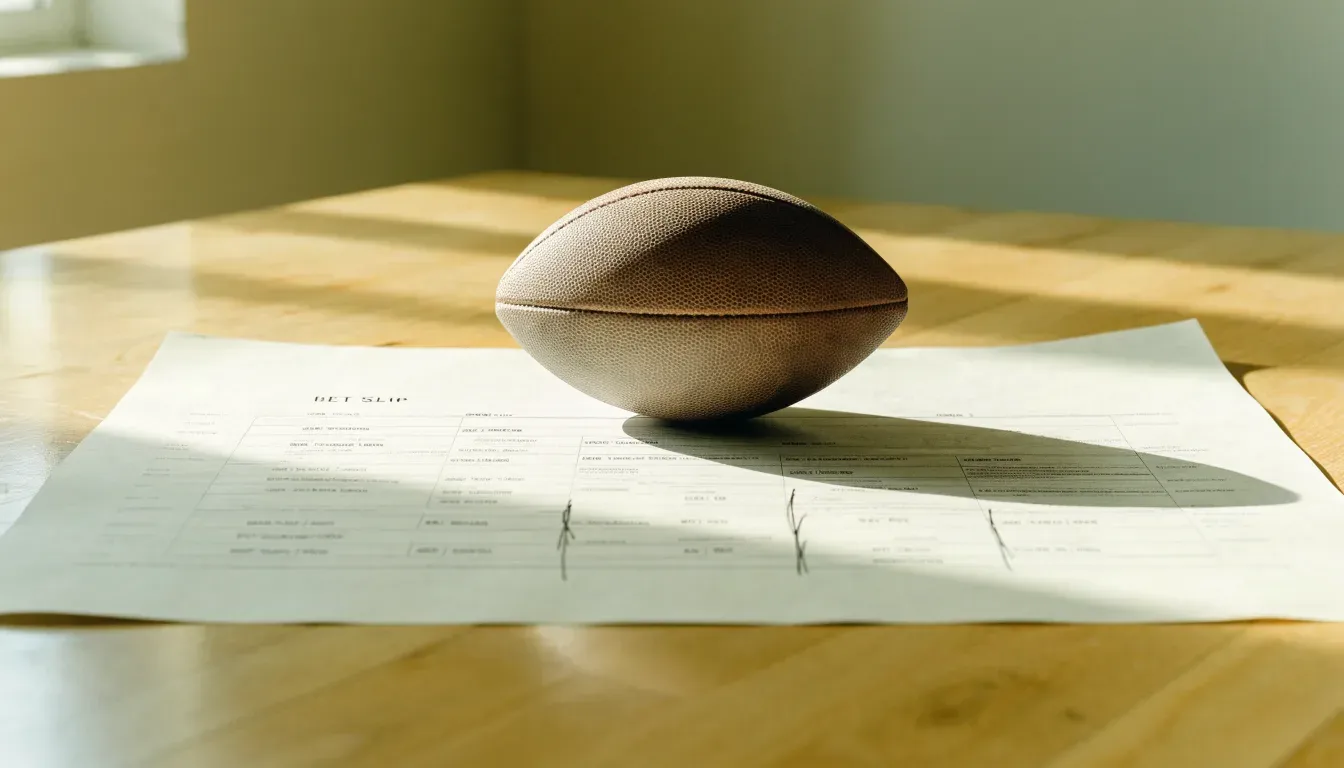Un pallone da calcio appoggiato su una schedina bianca su un tavolo di legno, alla luce del giorno