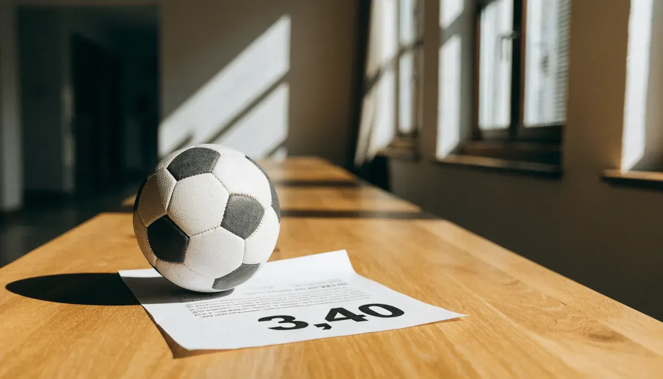 Un pallone da calcio appoggiato su una schedina bianca su un tavolo di legno, alla luce del giorno