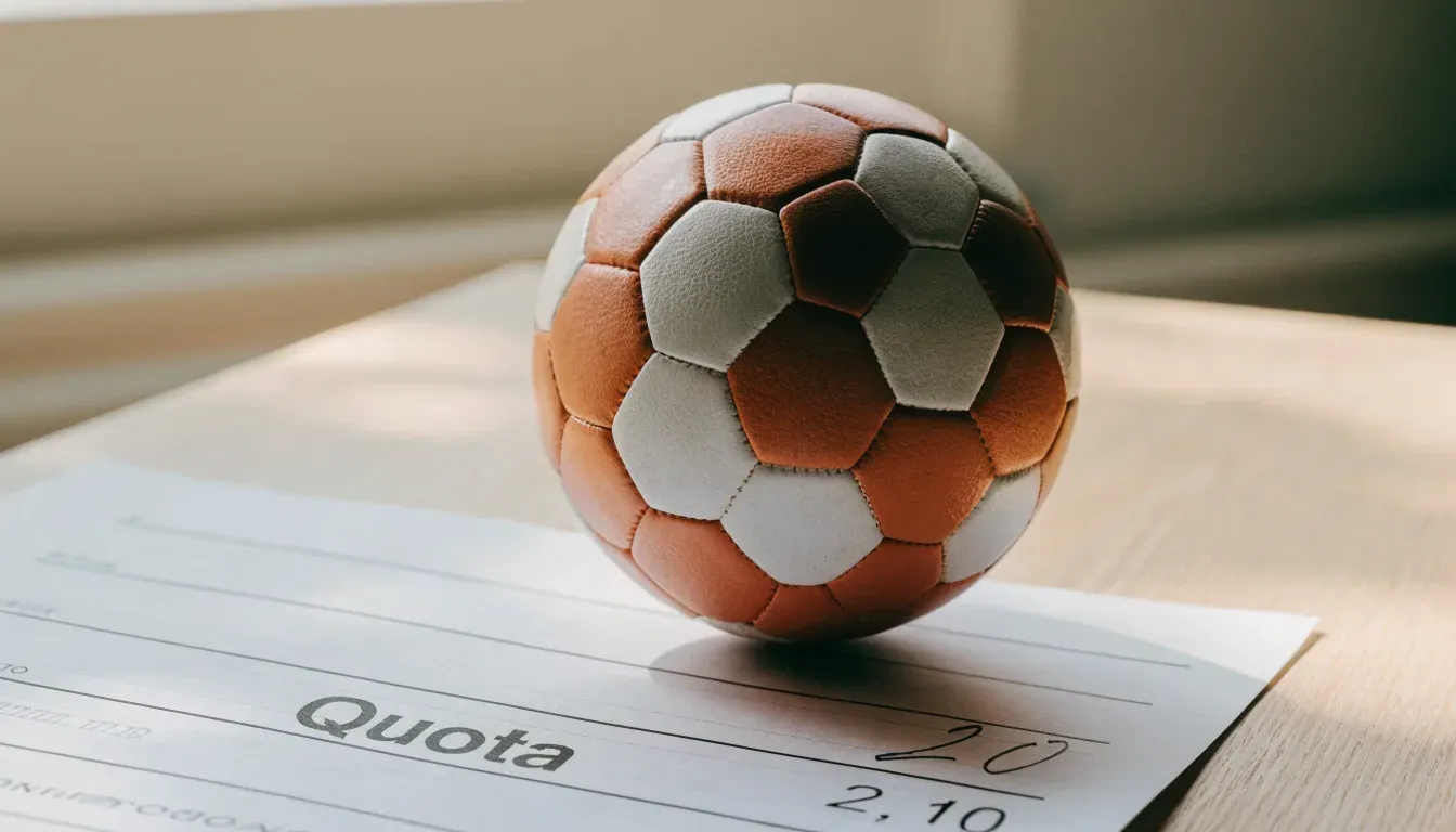 Un pallone da calcio appoggiato su una schedina bianca su un tavolo di legno, alla luce del giorno