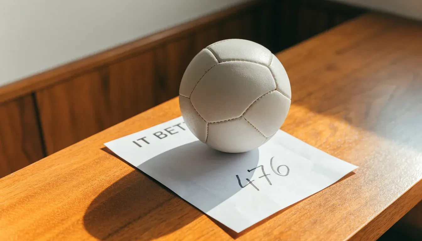 Un pallone da calcio appoggiato su una schedina bianca su un tavolo di legno, alla luce del giorno