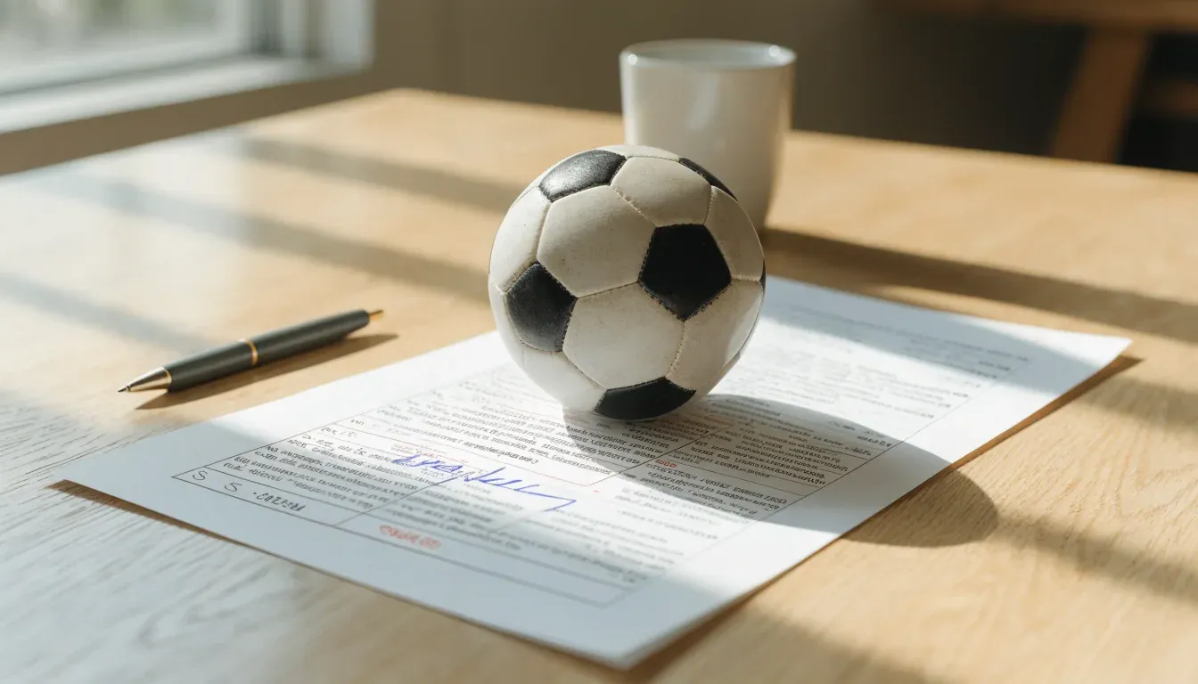 Un pallone da calcio appoggiato su una schedina bianca su un tavolo di legno, alla luce del giorno