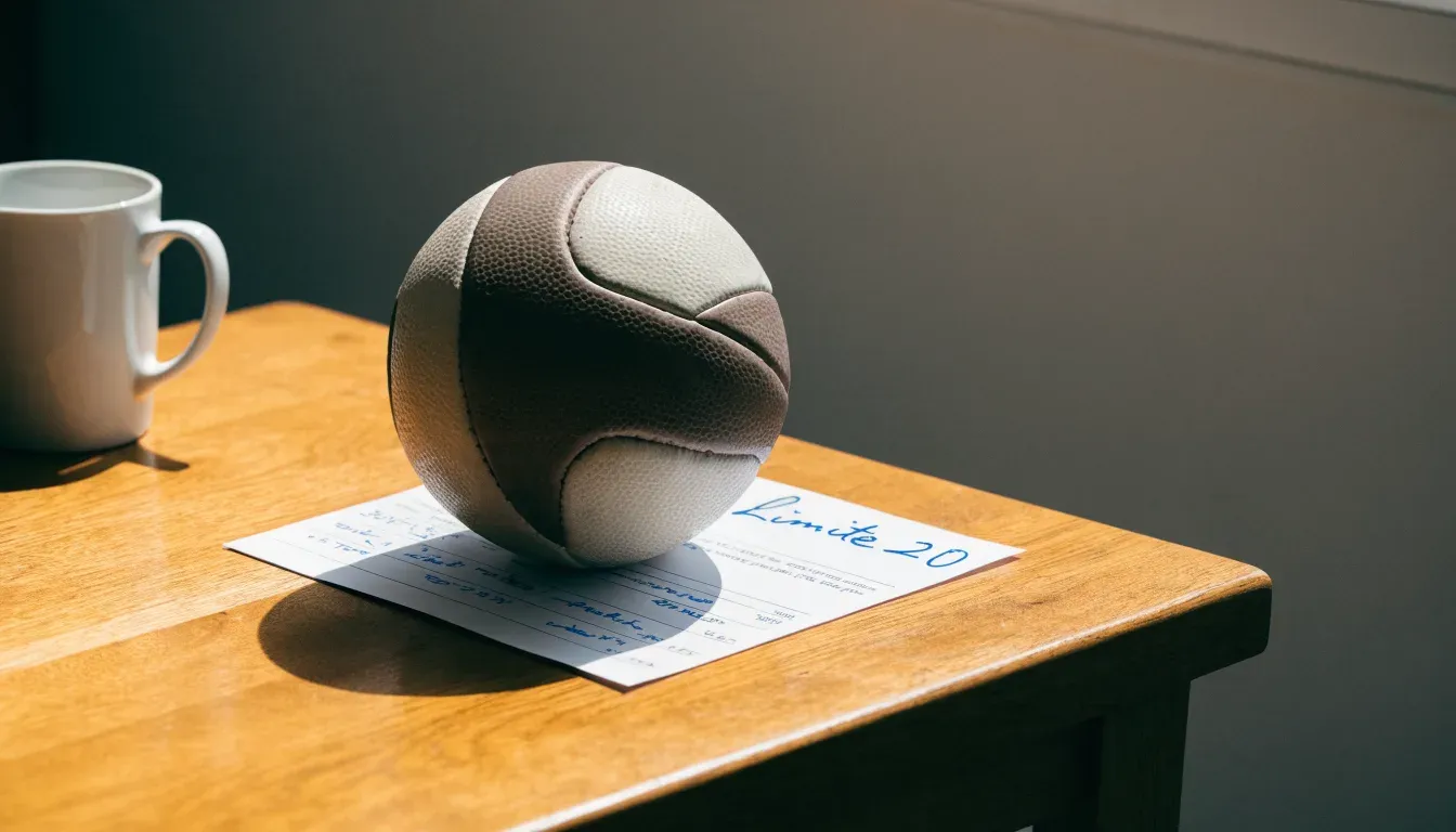 Un pallone da calcio appoggiato su una schedina bianca su un tavolo di legno, alla luce del giorno