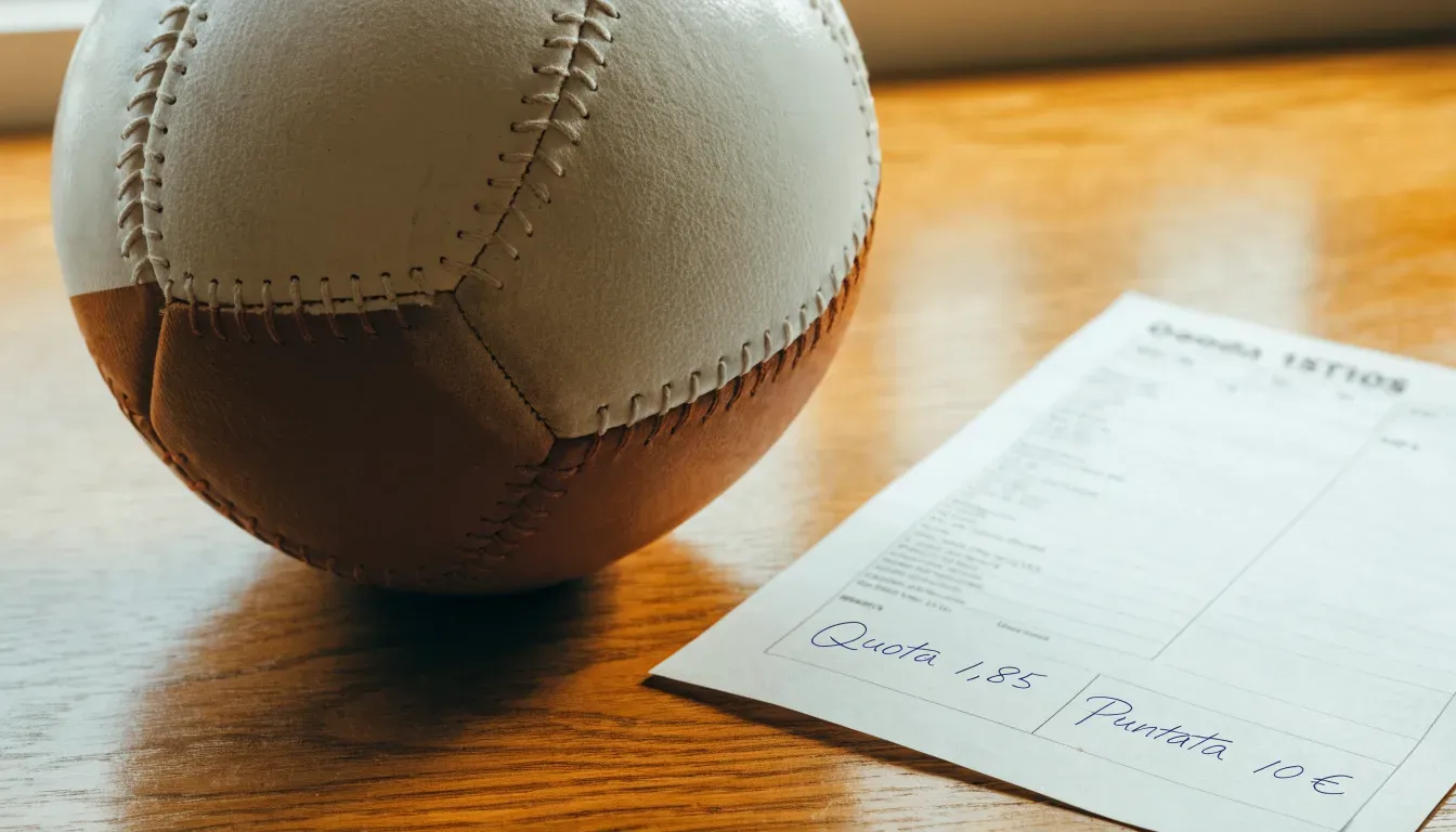 Un pallone da calcio appoggiato su una schedina bianca su un tavolo di legno, alla luce del giorno
