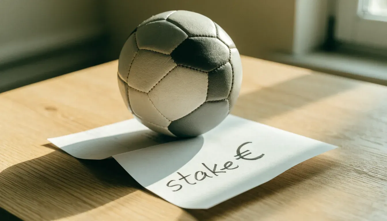Un pallone da calcio appoggiato su una schedina bianca su un tavolo di legno, alla luce del giorno